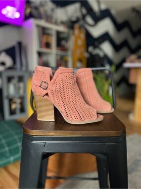 Qupid Coral Suede Laser-Cut Peep Toe Block Heel Booties